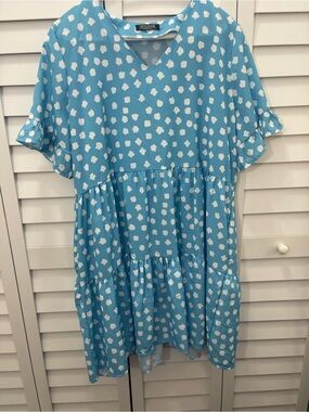 NCLOOK women’s Blue & White Clouds Bell Sleeved Tiered Dress Size XL